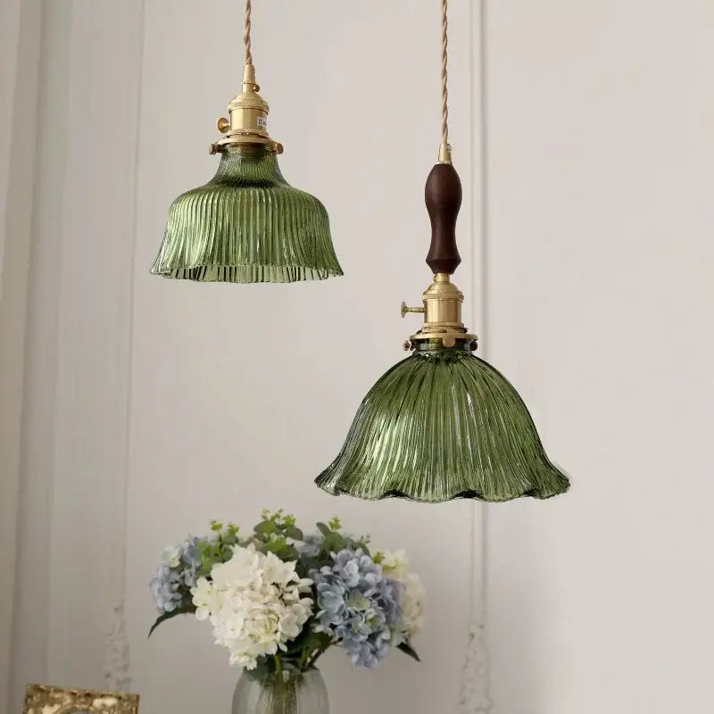 Floral green glass led pendant light kitchen ribbed brass fixture