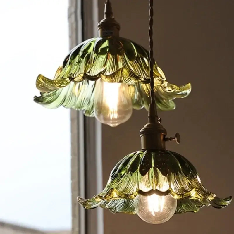 Floral green glass led pendant light kitchen ribbed brass fixture