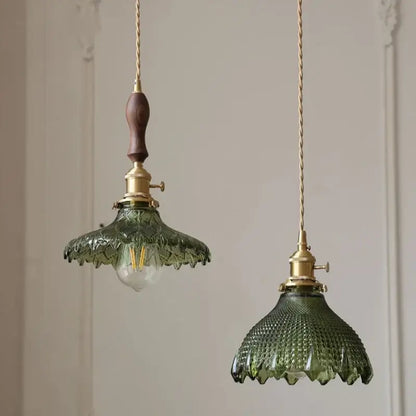 Floral green glass led pendant light kitchen ribbed brass fixture