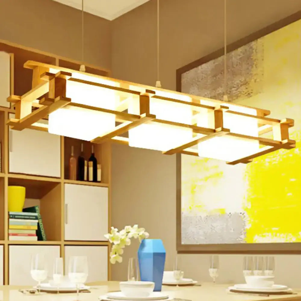 Modern beige wooden cage milk glass pendant light – kitchen island