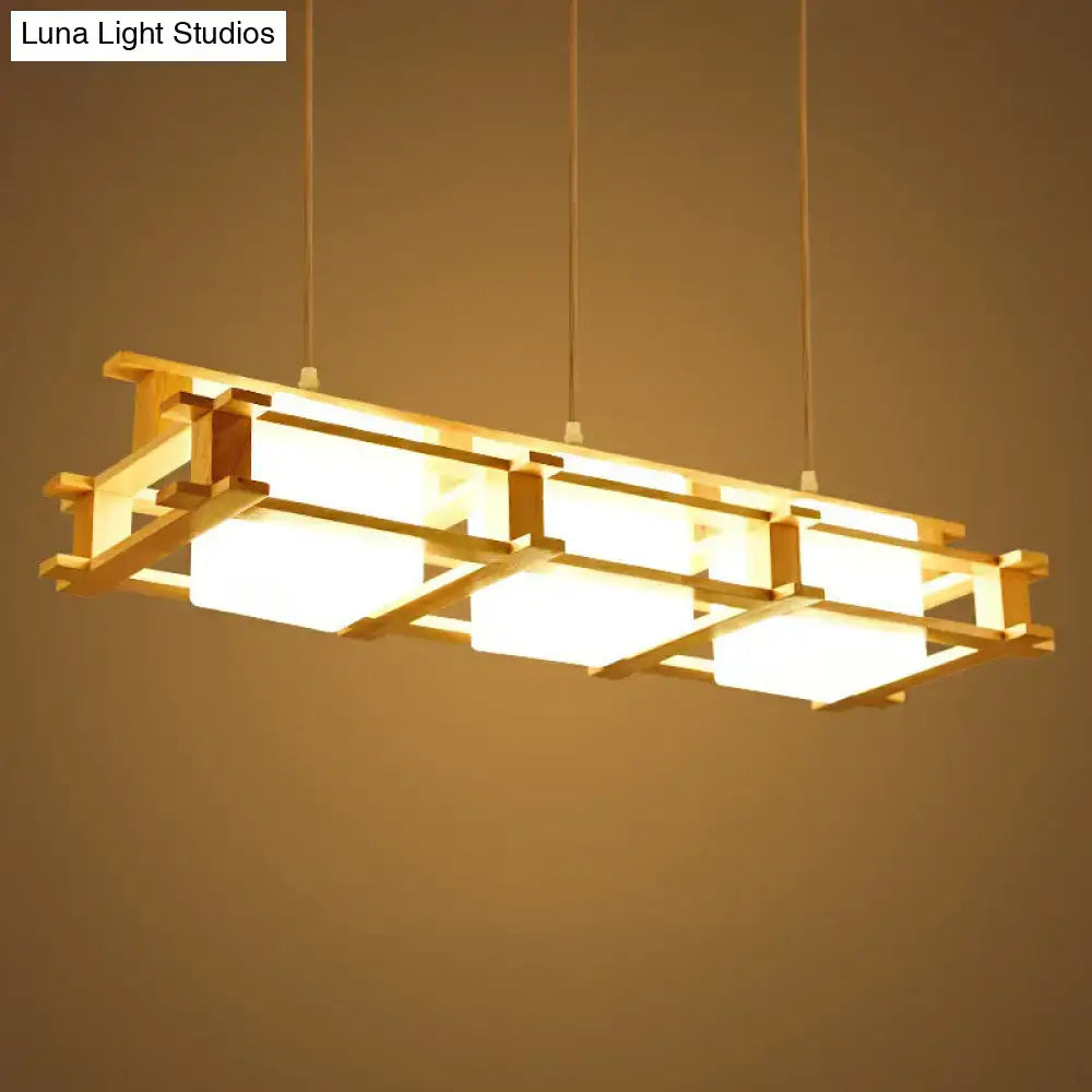 Modern beige wooden cage milk glass pendant light – kitchen island
