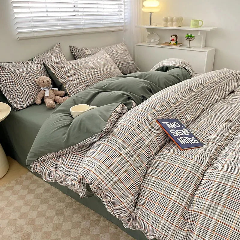 Nordic plaid green cotton bedding set for bedroom comfort