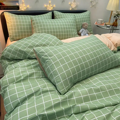 Nordic plaid green cotton bedding set for bedroom comfort