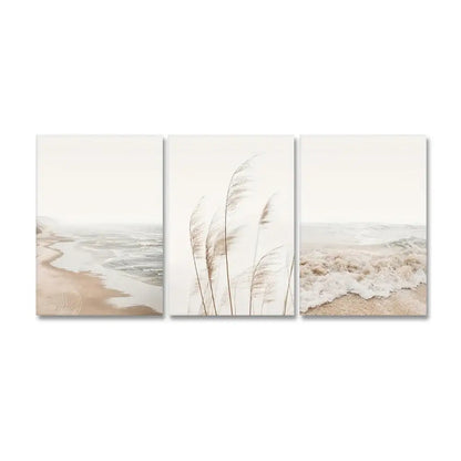Beige framed seascape canvas wall art set for living room coastal decor