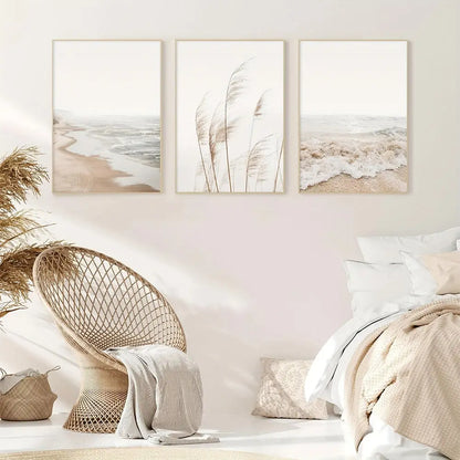 Beige framed seascape canvas wall art set for living room coastal decor