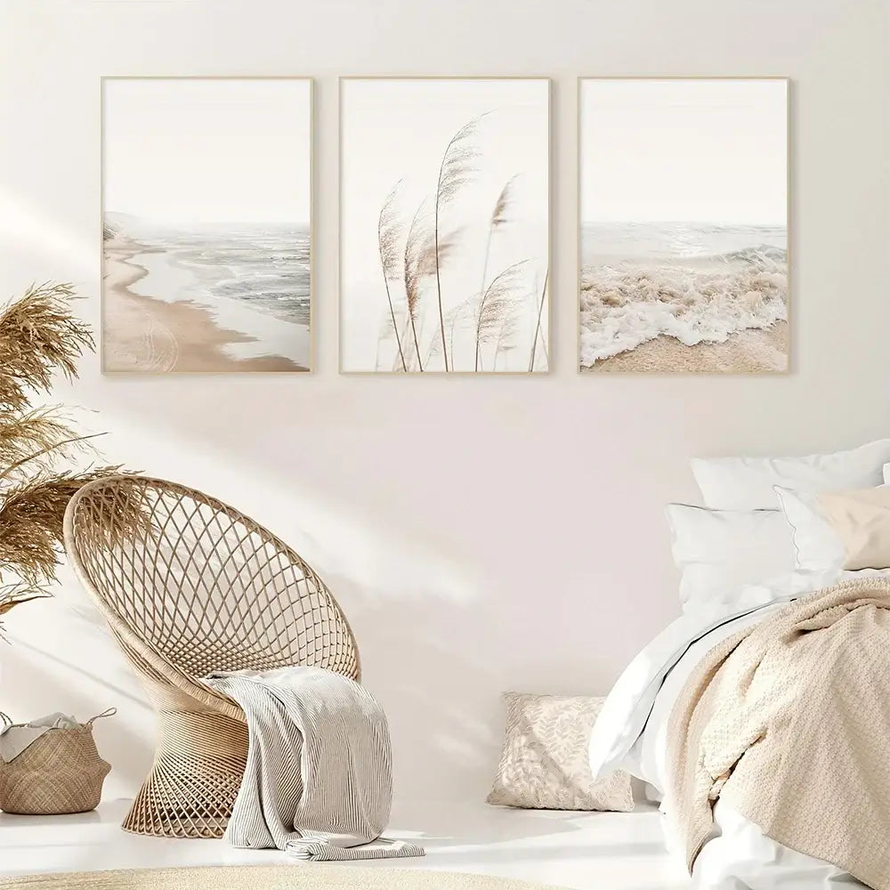 Beige framed seascape canvas wall art set for living room coastal decor