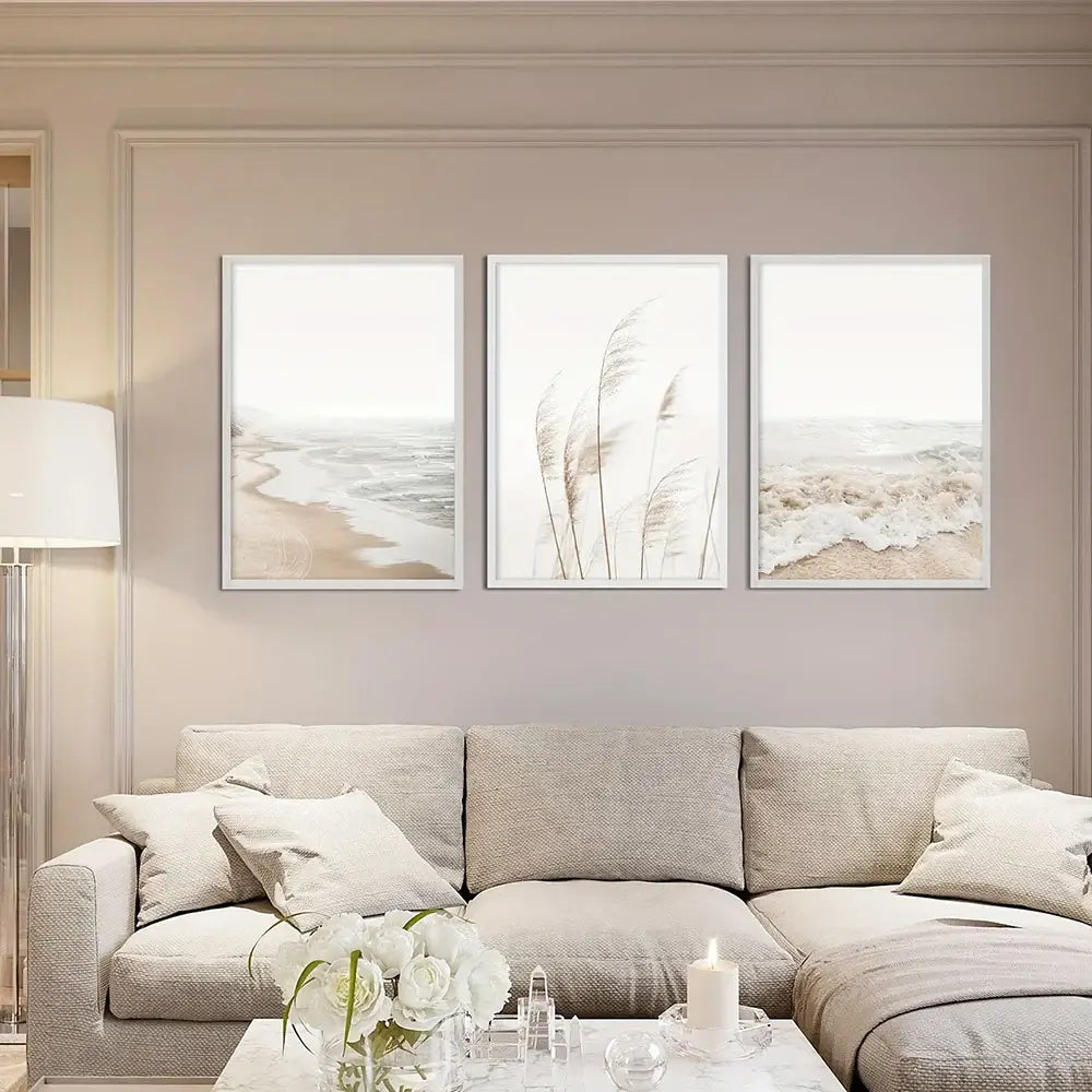 Beige framed seascape canvas wall art set for living room coastal decor