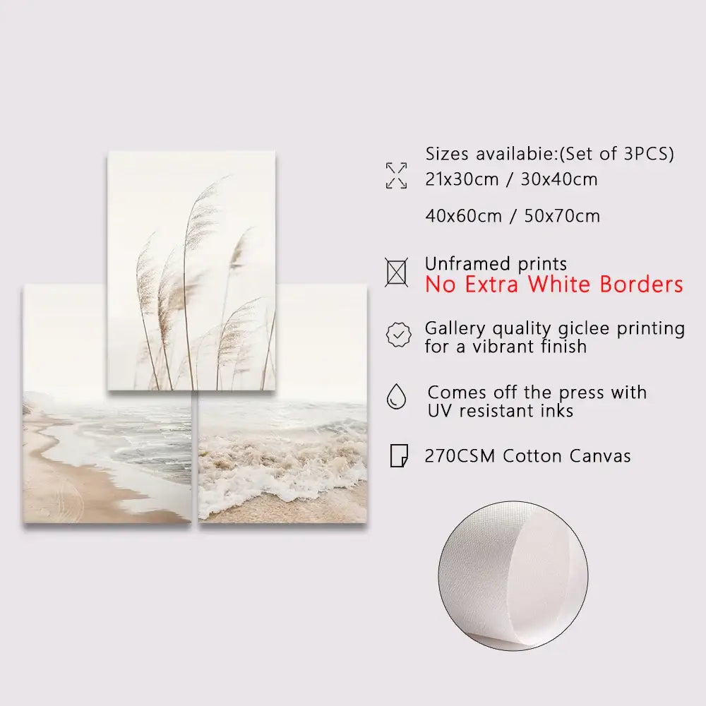 Beige framed seascape canvas wall art set for living room coastal decor