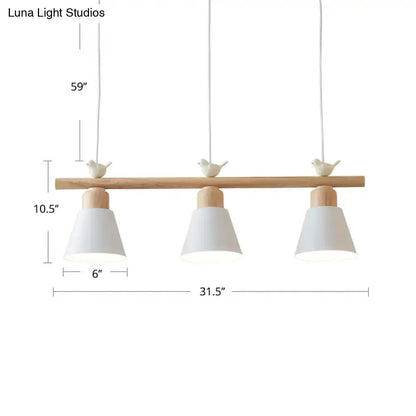 Minimalist wood and white bird hanging island light dining room