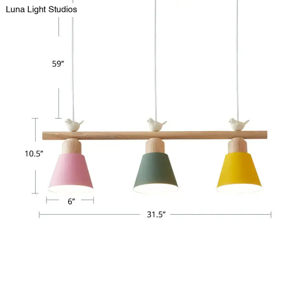 Minimalist wood and white bird hanging island light dining room