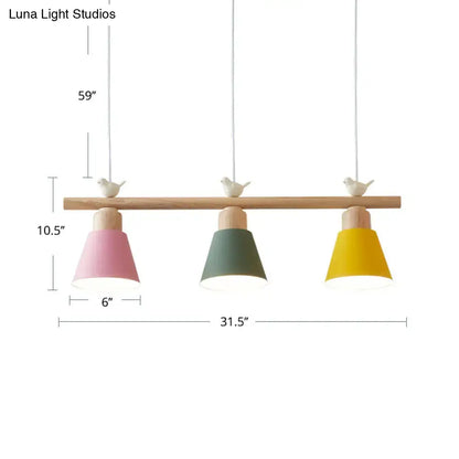 Minimalist wood and white bird hanging island light dining room