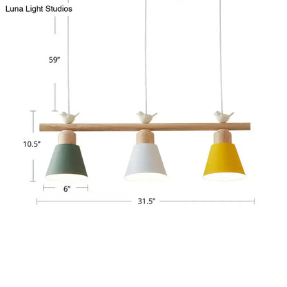 Minimalist wood and white bird hanging island light dining room