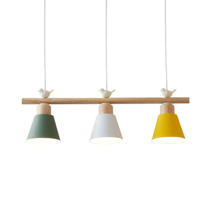 Minimalist wood and white bird hanging island light dining room