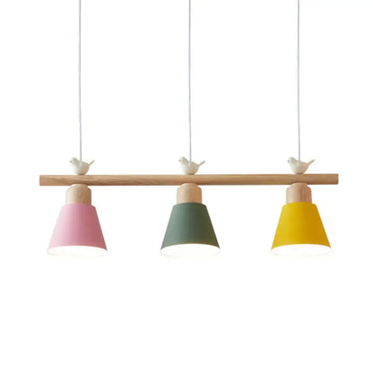 Minimalist wood and white bird hanging island light dining room