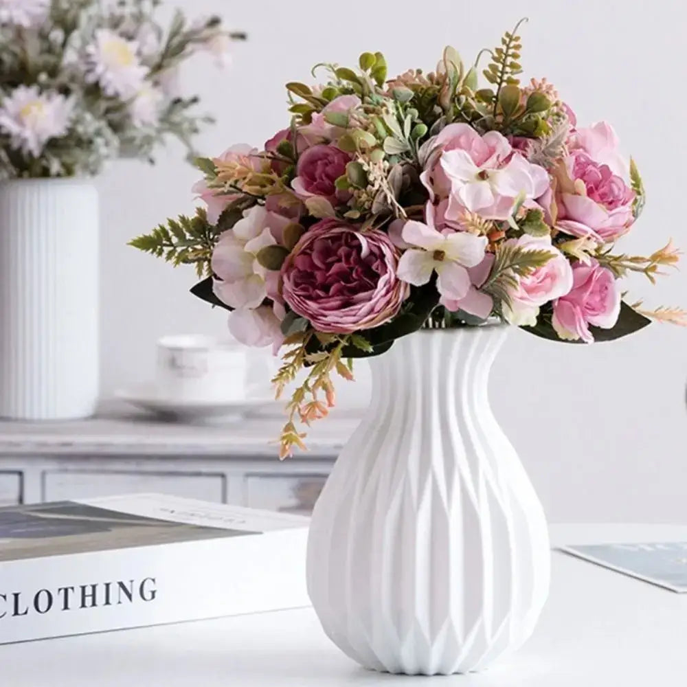 Geometric ribbed multi color ceramic flower vase living room set