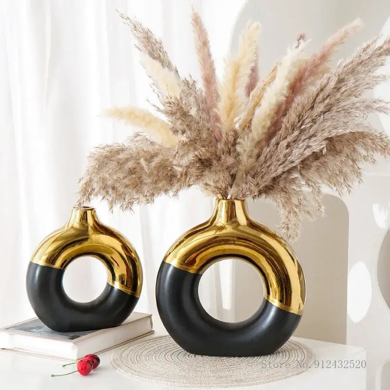 Nordic style circle vase black & gold ceramic living room decor