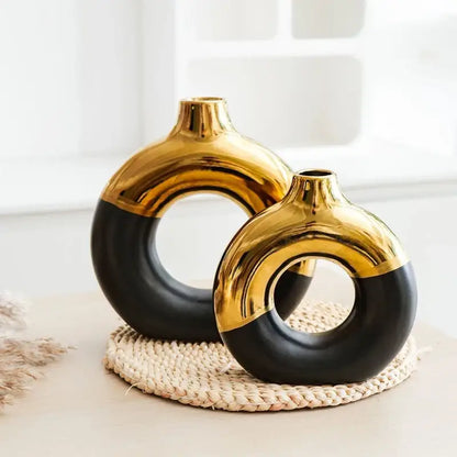 Nordic style circle vase black & gold ceramic living room decor