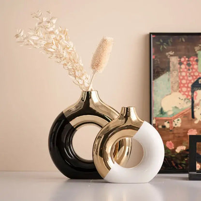 Nordic style circle vase black & gold ceramic living room decor