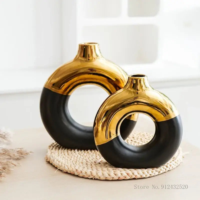 Nordic style circle vase black & gold ceramic living room decor
