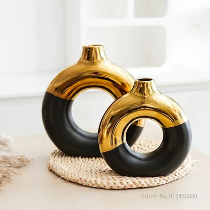 Nordic style circle vase black & gold ceramic living room decor