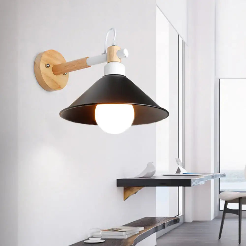 Nordic black & wood conic wall sconce bedroom light with white accents