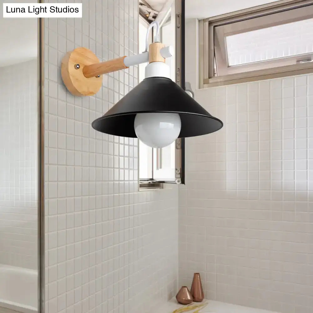 Nordic black & wood conic wall sconce bedroom light with white accents