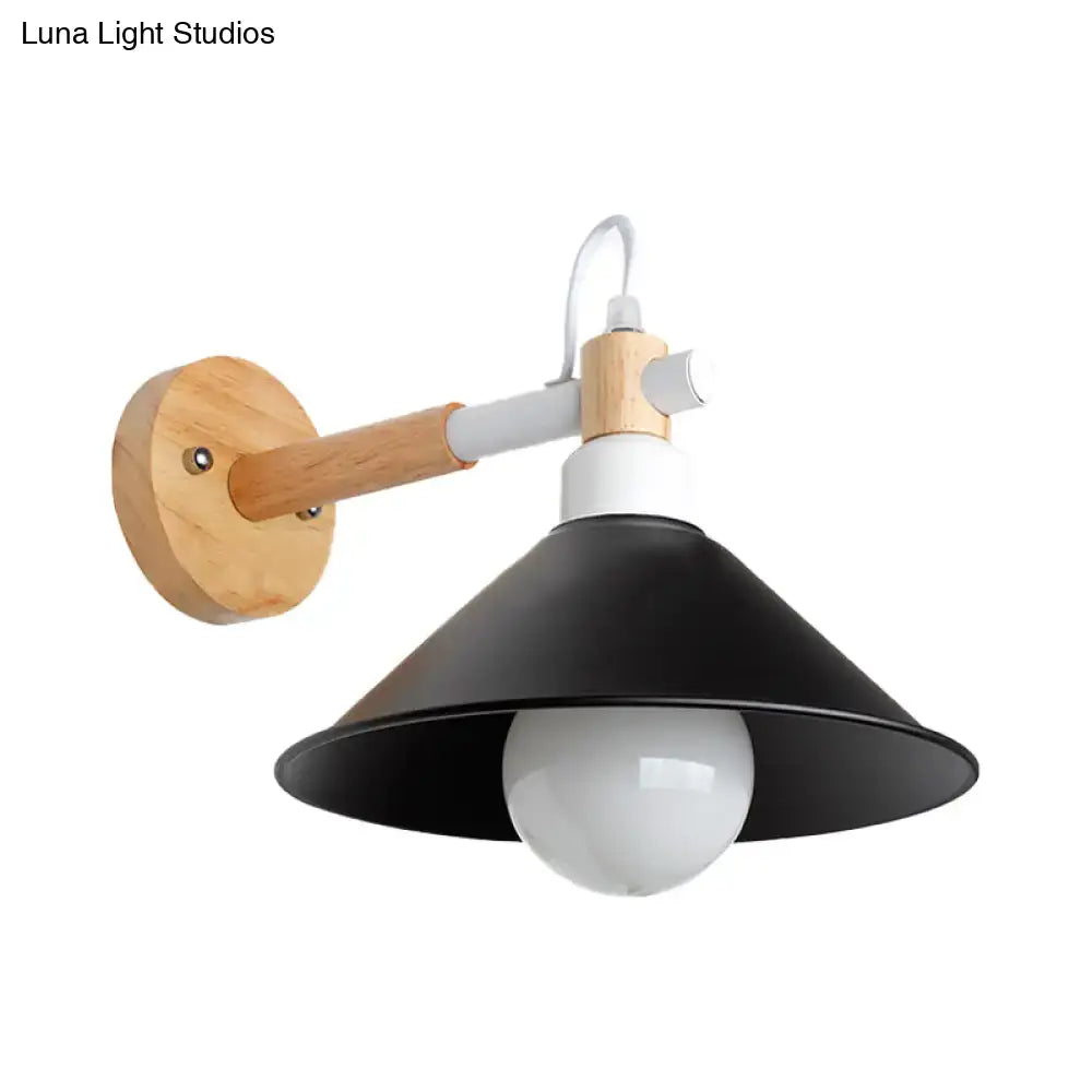 Nordic black & wood conic wall sconce bedroom light with white accents
