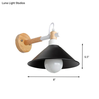 Nordic black & wood conic wall sconce bedroom light with white accents