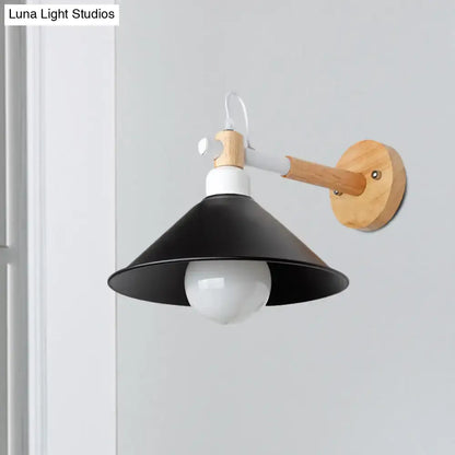 Nordic black & wood conic wall sconce bedroom light with white accents