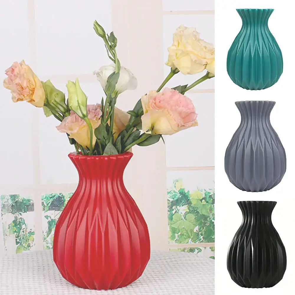 Glossy ribbed plastic flower vase set for living room decor