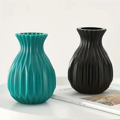 Glossy ribbed plastic flower vase set for living room decor
