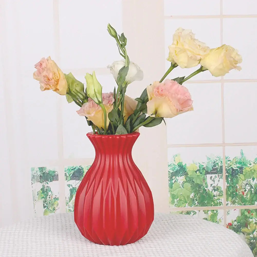 Glossy ribbed plastic flower vase set for living room decor