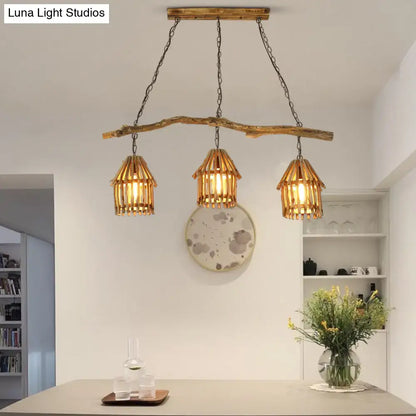 Rustic wooden house shaped pendant light with bamboo shades dining room