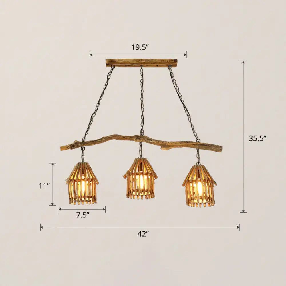 Rustic wooden house shaped pendant light with bamboo shades dining room