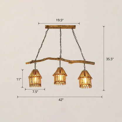 Rustic wooden house shaped pendant light with bamboo shades dining room