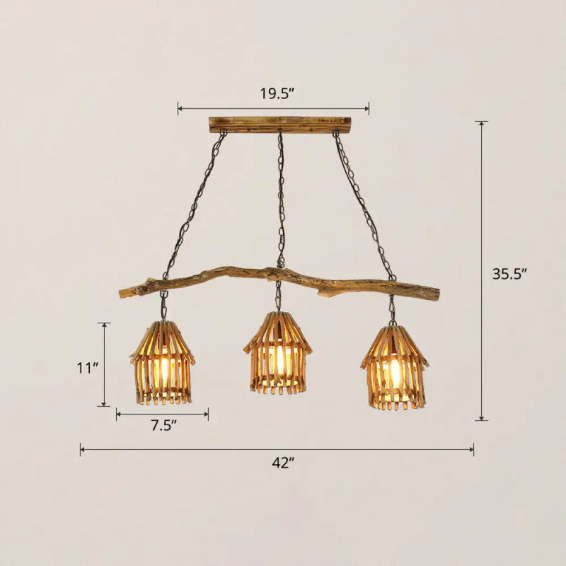 Rustic wooden house shaped pendant light with bamboo shades dining room