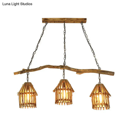 Rustic wooden house shaped pendant light with bamboo shades dining room