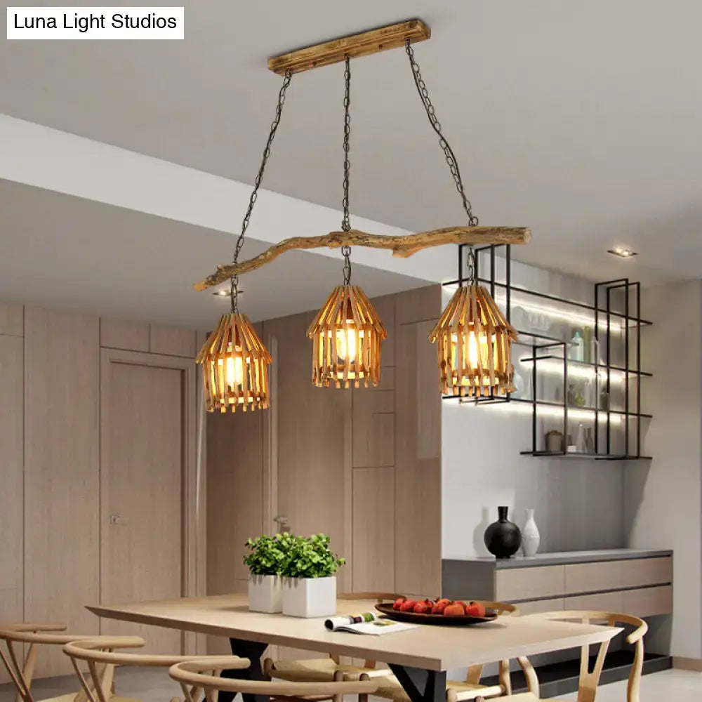 Rustic wooden house shaped pendant light with bamboo shades dining room