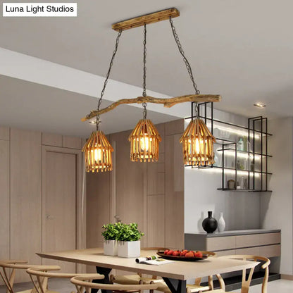 Rustic wooden house shaped pendant light with bamboo shades dining room