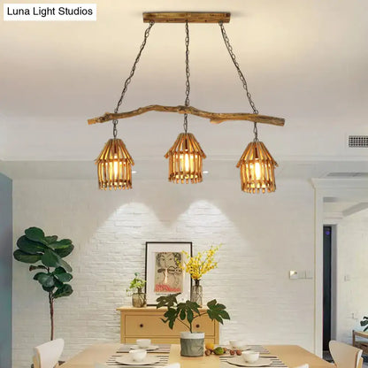 Rustic wooden house shaped pendant light with bamboo shades dining room
