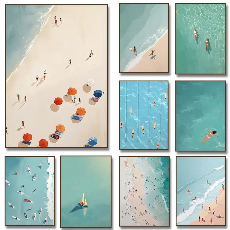 Minimalist turquoise beach art prints set of 8 – living room wall art
