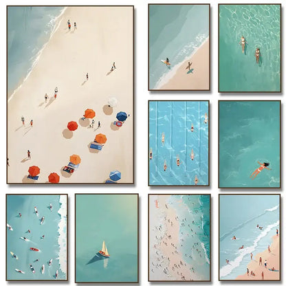 Minimalist turquoise beach art prints set of 8 – living room wall art