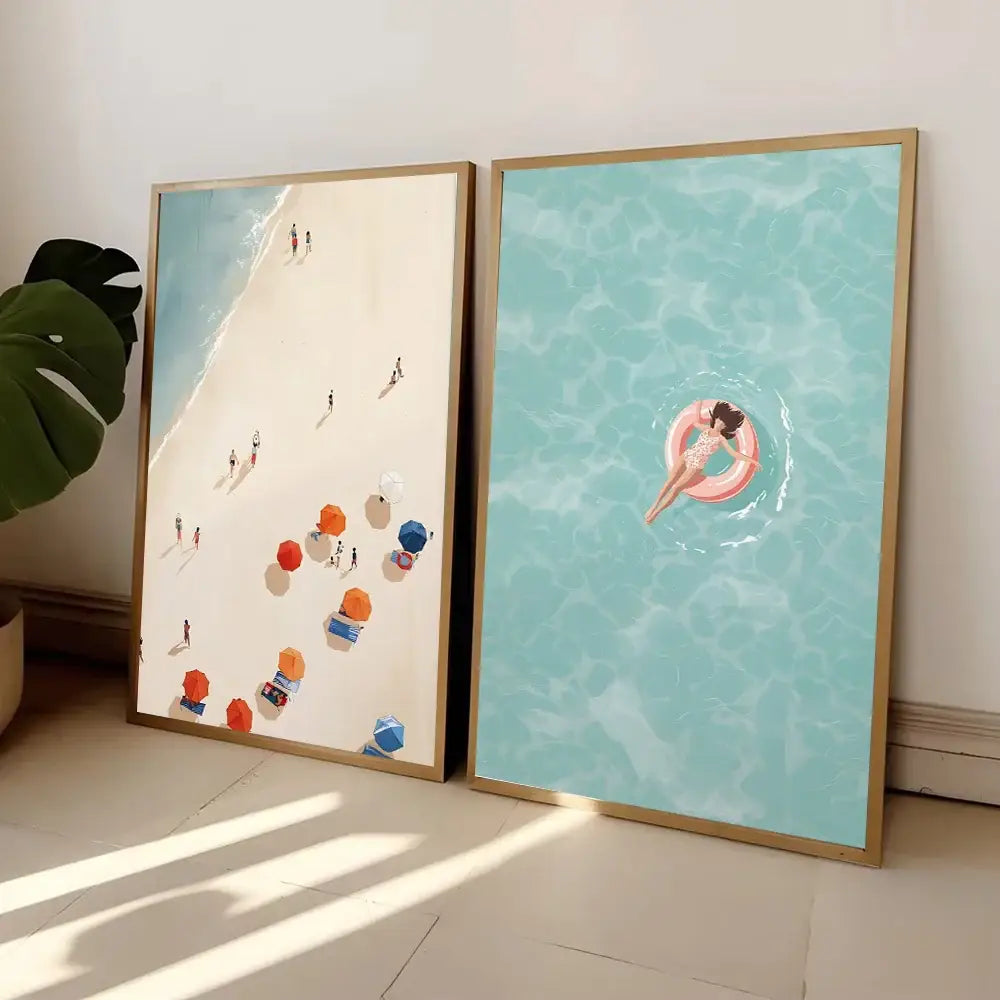 Minimalist turquoise beach art prints set of 8 – living room wall art