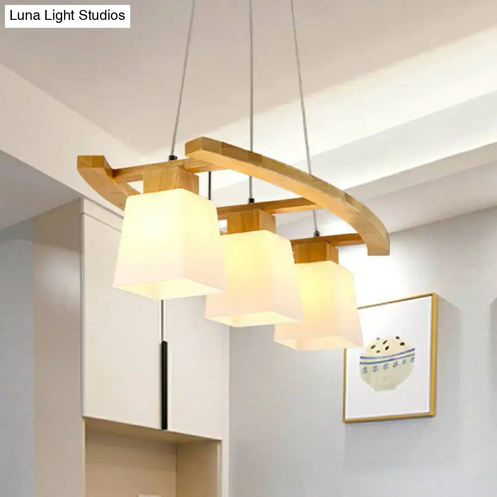 Nordic wood dining room ceiling light with white glass shade