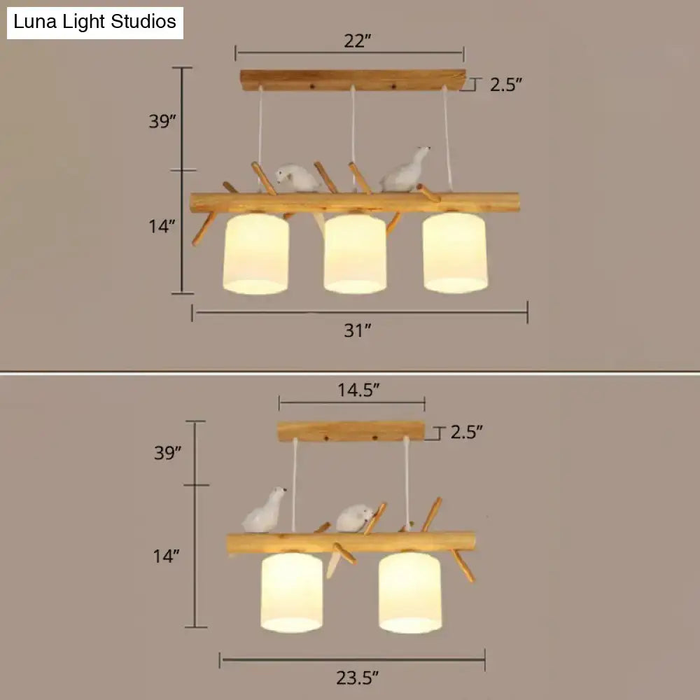 Nordic wood pendant light with resin bird decor – dining room glass