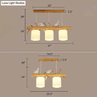 Nordic wood pendant light with resin bird decor – dining room glass
