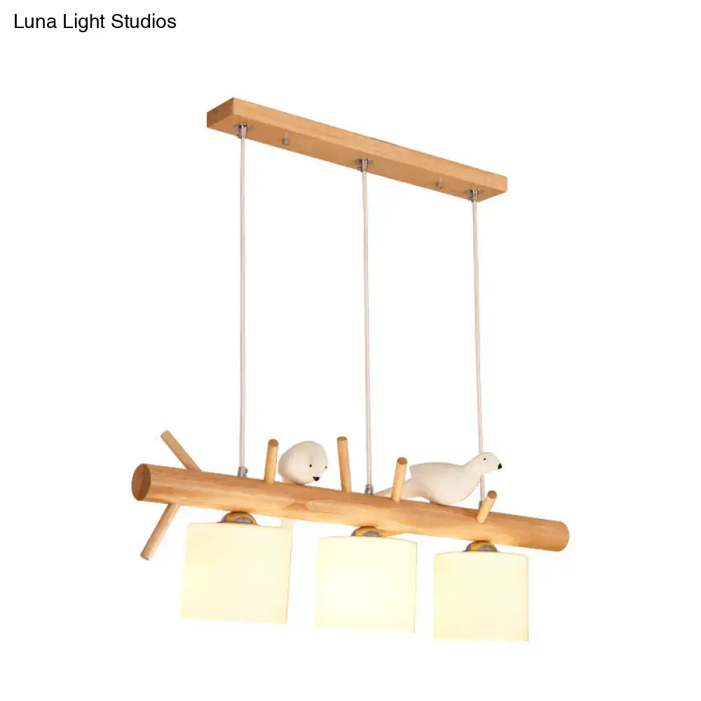 Nordic wood pendant light with resin bird decor – dining room glass