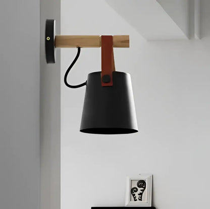 Black matte wooden wall lights with leather strap bedroom sconce