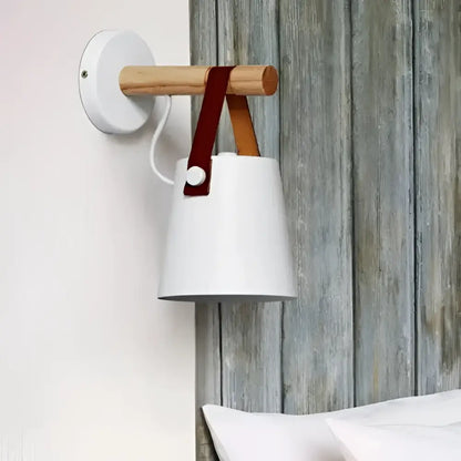 Black matte wooden wall lights with leather strap bedroom sconce