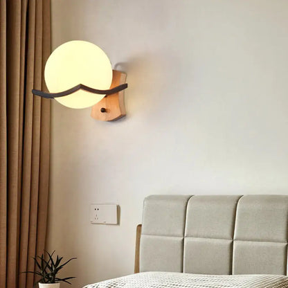 Wood and opal glass globe wall sconce living room 110v-120v light